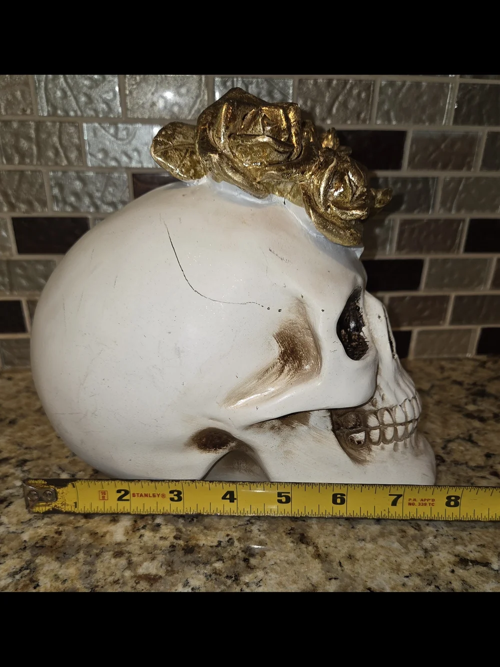 Decorative Resin Halloween Spooky White Skull with Gold Rose Accents